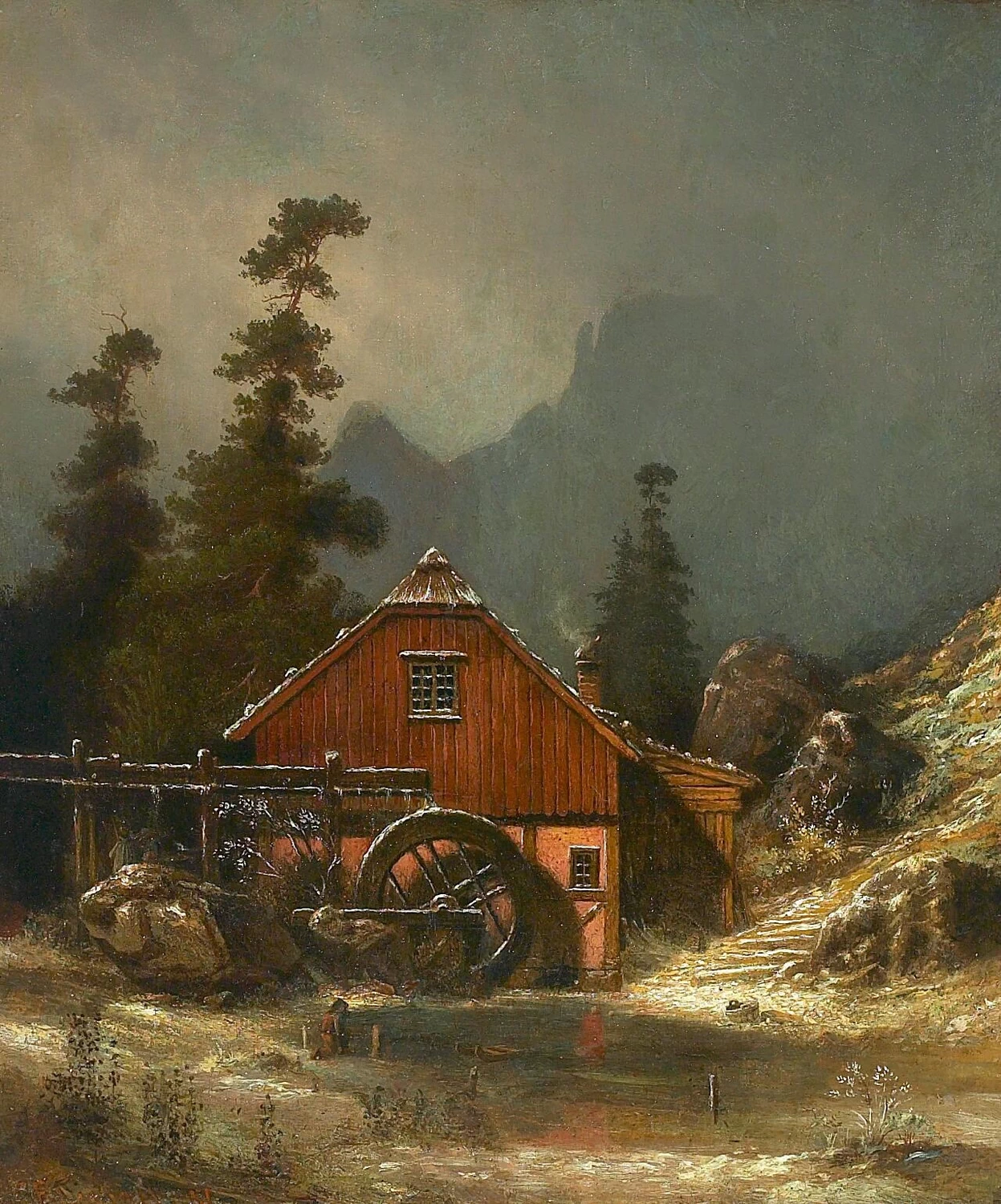 Paesaggio di montagna con un mulino ad acqua